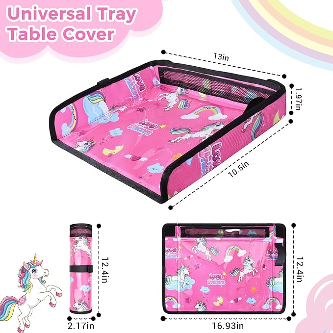 COOLBEBE Airplane Tray Table Cover Foldable Travel Tray Cover for Toddlers 1-3 Universal Fit for Airplane, Car Seat, High Chair Machine Washable, Portable Pink Unicorn