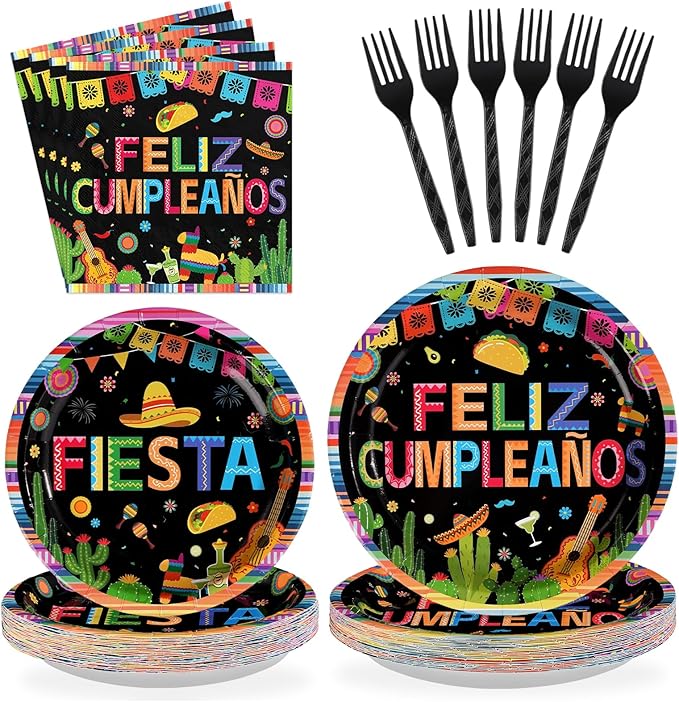 96Pcs Fiesta Birthday Party Decorations Mexican Feliz Cumpleaños Plates and Napkins Cinco De Mayo Party Decorations for Baby Shower Mexico Taco Carnival Birthday Party Supplies Serves 24