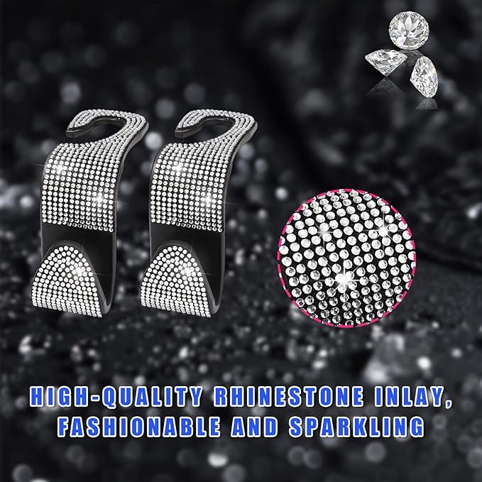 Ohleats 2 PCS Bling Car Seat Headrest Hooks, Crystal Rhinestone Back Seat Hanging Storage Organizer, Vehicle Seat Hanger Holder for Purse Handbag Coat, Interior Car Accessories (White)