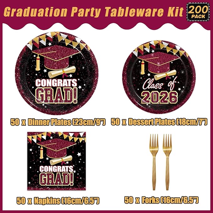 Kepeel 200Pcs 2026 Graduation Party Tableware Set, Maroon Gold Class of 2026 Party Decorations Supplies for Boys Girls Congratulate Graduation Disposable Paper Plates Napkins Forks Favors, Serve 50