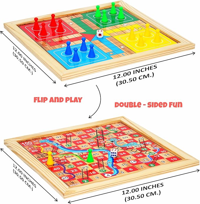 Ankit Toys & Games 2 in 1 Ludo & Snakes & Ladders Wooden Board Game – Premium Reversible Solid Family Game Set Classic Strategy & Luck Game Perfect Educational Gift for Kids & Adults Durable Board