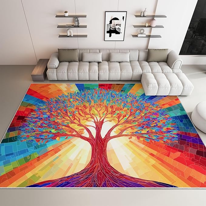 Colorful Tree of Life Rugs for 4×6.2ft Washable Non-Slip Accent Carpet for Living Room, Dining Room, Ultra-Thin Low-Pile Rug for Bedside Hallway Home Decor