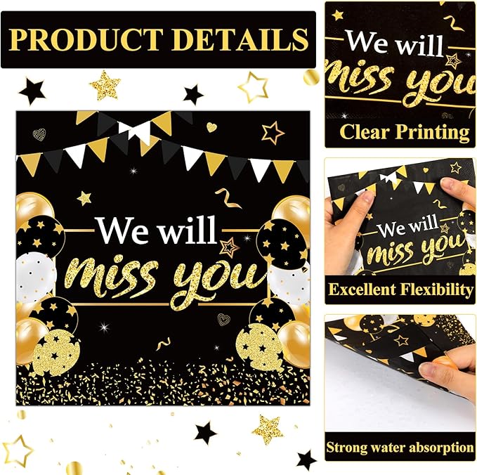 48Pcs We Will Miss You Paper Plates and Napkins Farewell Party Decorations Goodbye Party Supplies Black and Gold Going Away Disposable Tableware Set for Leaving Retirement Graduation Serve 24