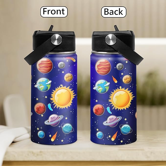 Kids Water Bottle Solar System Water Bottles 12oz with Straw Insulated Stainless Steel Travel School Tumbler Double Wall Vacuum Cup for Girls Kid Boys