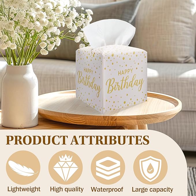 Happy Birthday Gold Foil Dots Tissue Box Cover - Square PU Leather Tissue Holder with Belt Bottom, Decorative Birthday Gift Idea for Birthday Party, Bathroom, Home Office & Car Decorations