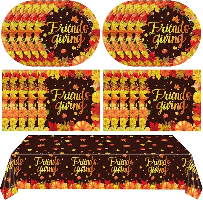 41 PCS Fall theme Thanksgiving Party Supplies Kit,Happy Friendsgiving Tableware Include Dessert Plates, Napkins,Tablecloth Autumn Harvest Disposable Dinnerware For Autumn Thanksgiving Party