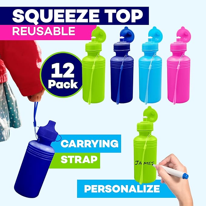 4E's Novelty Bulk Water Sports Bottles for Kids 18 oz - 12 Pack Squeeze Reusable Plastic, Neon Colors, BPA Free, Kids Water Bottles Party Favor Gift Giveaways, End of Year Student Gifts from Teacher