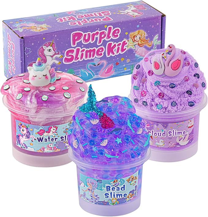 3 x 100mL Purple Slime Kit for Girls & Boys: Includes Cloud, Water & Mermaid Crunchy Slime, Sensory Experience DIY Slimes Set, Slimes Party Favors for Kids Birthday Easter Halloween Teens Gift