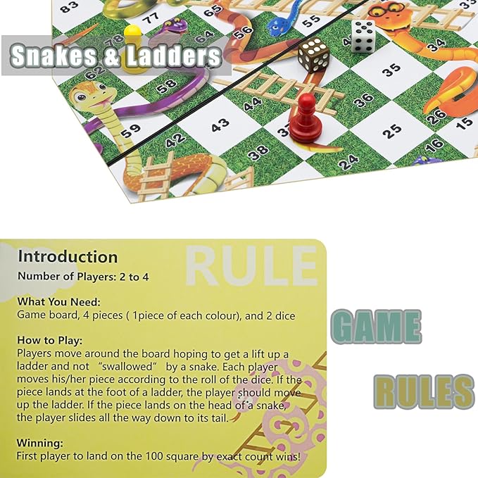Snakes and Ladders Board Game Set -32 Centimeters, Magnetic Folding Travel Board Game for Kids (Large Size 12.6″x12.6″)