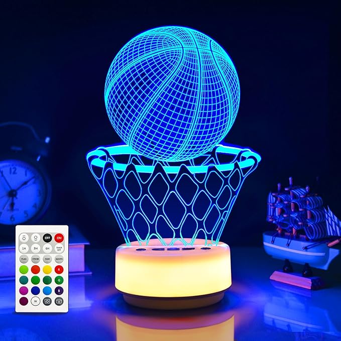 Basketball Night Light for Kids, Basketball Gift for Sports Players Fans, Decor Bedside Lamp for Bedroom/Office, 5 Buttons and Remote Control 14 Colors, Timer, Dim, Independent Warm White Lamp Base