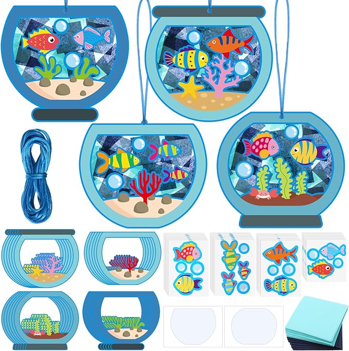 Chiisong 24 Sets Fishbowl Paper Crafts for Kids Summer Fish Tissue Paper Sign Craft Kit Make Your Own Aquarium DIY Paper Craft Art Projects for Kids Fun Classroom Home Activities, 4 Styles