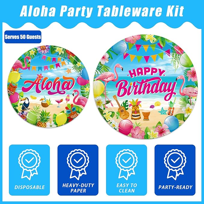 200Pcs Hawaiian Aloha Party Tableware Set, Luau Tropical Birthday Party Decorations Supplies for Summer Beach Pool Retirement Baby Shower Disposable Paper Plates Napkins Forks for 50 Guests
