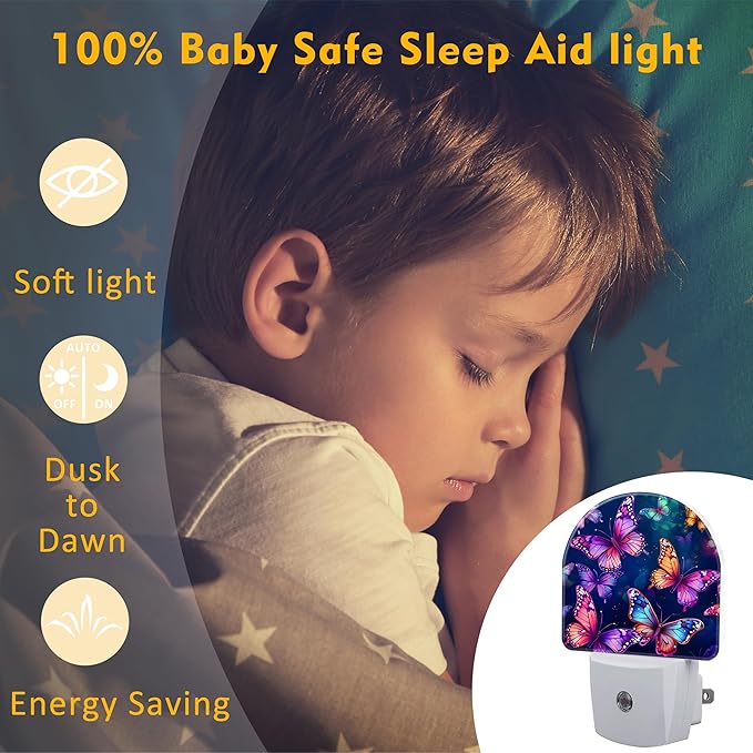 Magic Glowing Butterflies Night Light for Kids,Colorful Flying Butterfly Plug in Night Light with Dusk to Dawn Sensor, 0.5w Energy Saving Nightlight for Hallway Stairway Kitchen Bedroom
