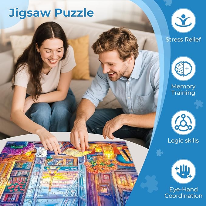300 Pieces Puzzles for Adults,Eiffel Tower Dusk Reading Scene Puzzles,Large Piece Puzzle for Seniors,Cute Puppy Jigsaw Puzzles for Kids Ages 8-10,Challenging Family Games, 20.5 x 15 in