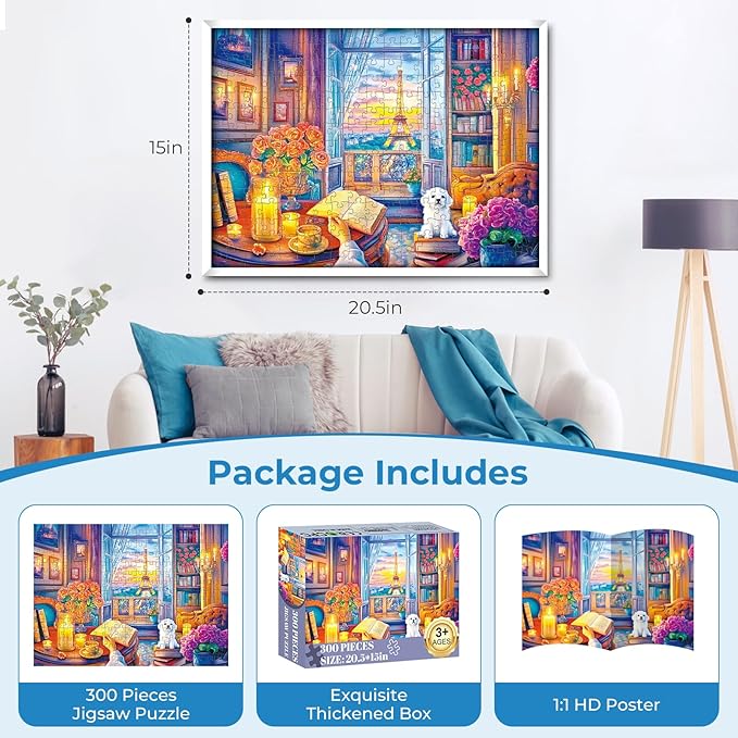 300 Pieces Puzzles for Adults,Eiffel Tower Dusk Reading Scene Puzzles,Large Piece Puzzle for Seniors,Cute Puppy Jigsaw Puzzles for Kids Ages 8-10,Challenging Family Games, 20.5 x 15 in