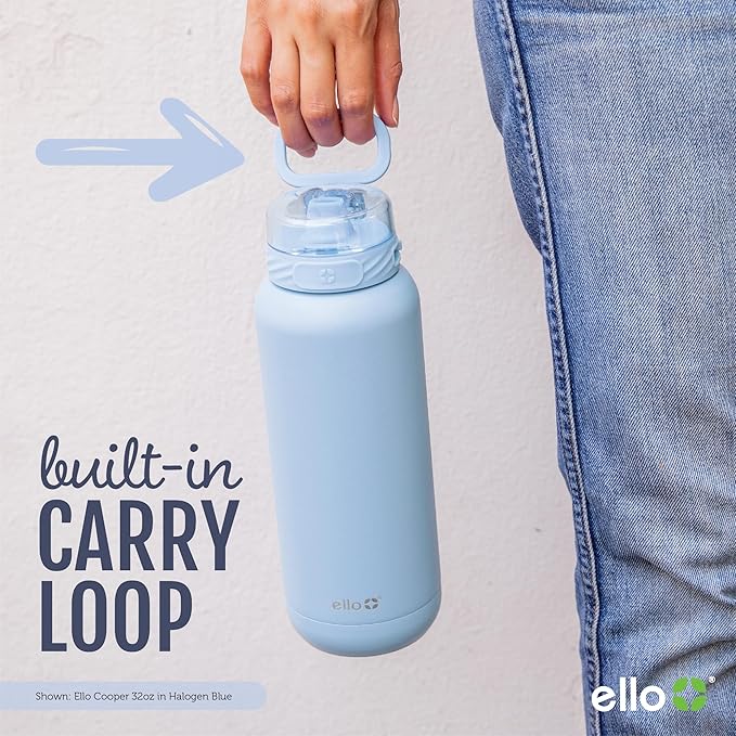 Ello Cooper 22oz Stainless Steel Water Bottle Vacuum Insulated with Straw and Carry Handle, Leak Proof Locking Lid with Soft Silicone Spout, Fits Car Cupholder, Dishwasher Safe, Figgy Pudding
