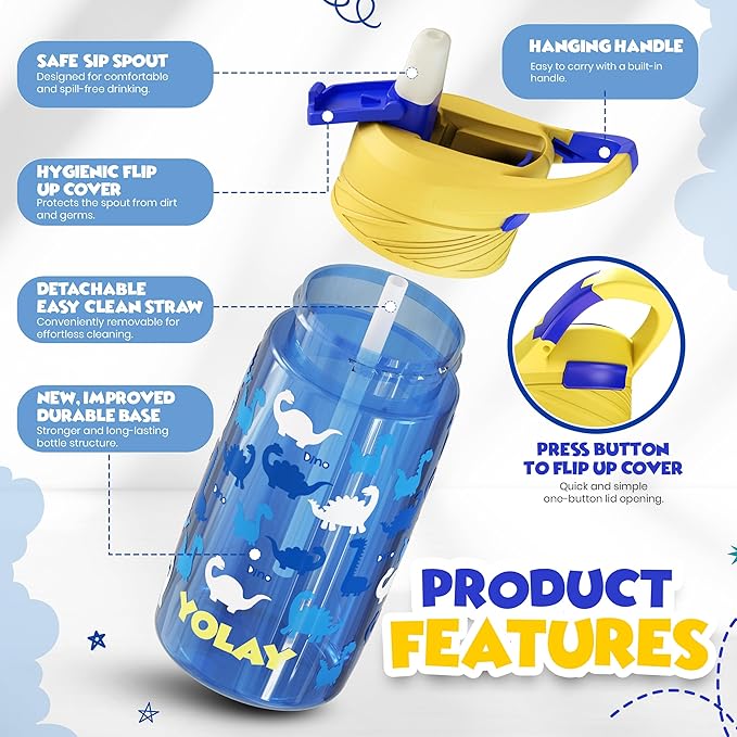 YOLAY 15oz Kids Water Bottle For School Boys and Girls, Durable Toddler Water Bottle with Straw Lid Leak-Proof, Spill Proof, Easy Clean and Dishwasher Safe with Re-Usable and BPA Free - Dino