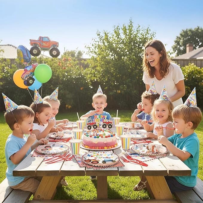100 Pcs Monster Truck Party Plates and Napkins Set – Disposable Monster Theme Plates,Napkins,and Forks for Boys Birthday Parties and Truck-Themed Celebrations – Serves 25