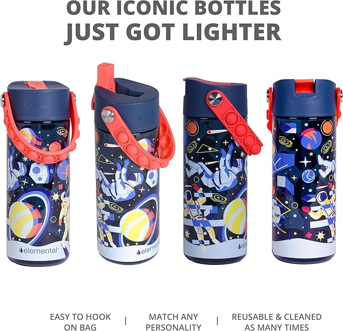 Elemental Leak Proof Water Bottles for Kids - Splash Kids Water Bottle for School with Pop-it Handle - Tritan Plastic Water Bottle with Straw - Space & Dinosaur - 18oz (2 Pack)