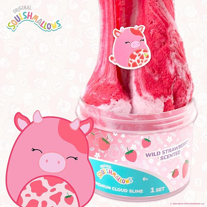 Original Squishmallows Calynda The Cow Premium Cloud Slime, Strawberry Scent, 8 oz. Jar Storage Container with Figurine Topper, Rubber Charm, Goodie Bags Stuffers, Kids Party Favors, Sensory Toys