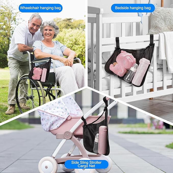 Stroller Side Bag - Bike/Stroller Organizer, Hook & Loop Easy Attach - Mesh Design, Non-Slip Straps, mom Cozy Stroller Organizer, Stroller Accessories, Black (BLACK 2PCS)