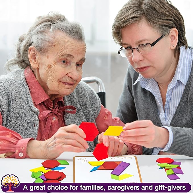 Memory Care Activities for Seniors, Wooden Cognitive Games for Elderly, 80 Pieces Tangram Puzzles for Alzheimer and Dementia Patients, Large Wooden Colorful Shape Pattern Matching Board Gifts (Easy)