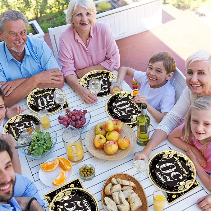 48Pcs 50th Anniversary Paper Plates Napkins Wedding Party Decorations Employee Career Retirements Party Supplies Black Gold Disposable Dinner Tableware Set for Birthday Anniversary Graduation Serve 24