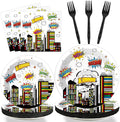 96 PCS Super Theme Hero Party Plates Napkins Hero Themed Party Tableware Hero Action Sign Disposable Paper Plates Napkins Happy Birthday Party Decorations Supplies Favors for 24 Guests