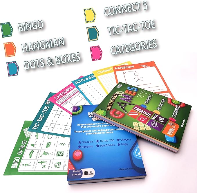 GRANDLMOON 6 Portable Travel Game Activities Notepad On The Go Plane Trip Game 4 x 6-inches (2 Pads and 60 Sheets Each)