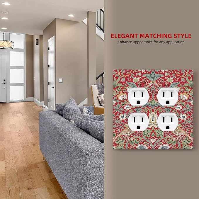 Decorative Outlet Covers William Morris Strawberry Thief Botanical Red Green 2 Gang Double Duplex Light Switch Cover Wall Plates Electrical Socket Cover Art Faceplate for Bathroom Bedroom Decor