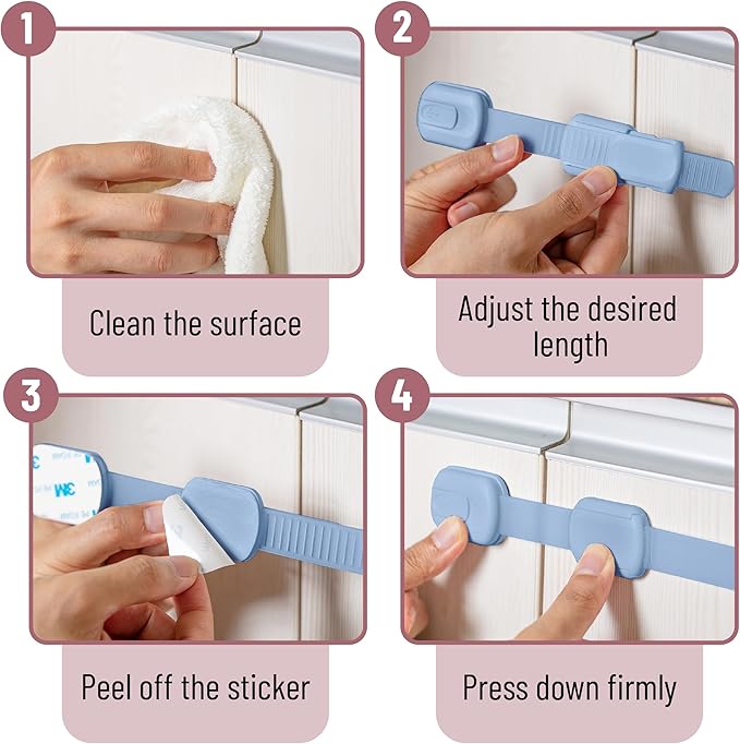 Bate- Child Safety Strap Locks, 6 Pack, Dusty Blue, Baby Locks for Cabinets, Drawers, Kitchen, Toilet, Furniture, Fridge, Multi-Purpose, Easy Install with Quick 3M Adhesive for Childproofing
