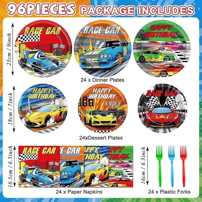96Pcs Race Car Birthday Party Supplies Hot Car Themed Paper Plates Napkins Racing Themed Park Party Tableware Disposable Checkered Dinnerware Decoration Set for Kids Birthday Baby Shower Table Decor