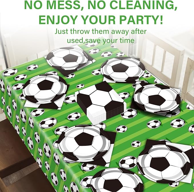 Qyeahkj Soccer Birthday Party Decoration Plates Napkins Tablecloth Supplies -Serves 24 Guests Disposable Tableware Dinnerware Favors for Boys Girls Soccer Sports Theme Baby Shower Birthday Party