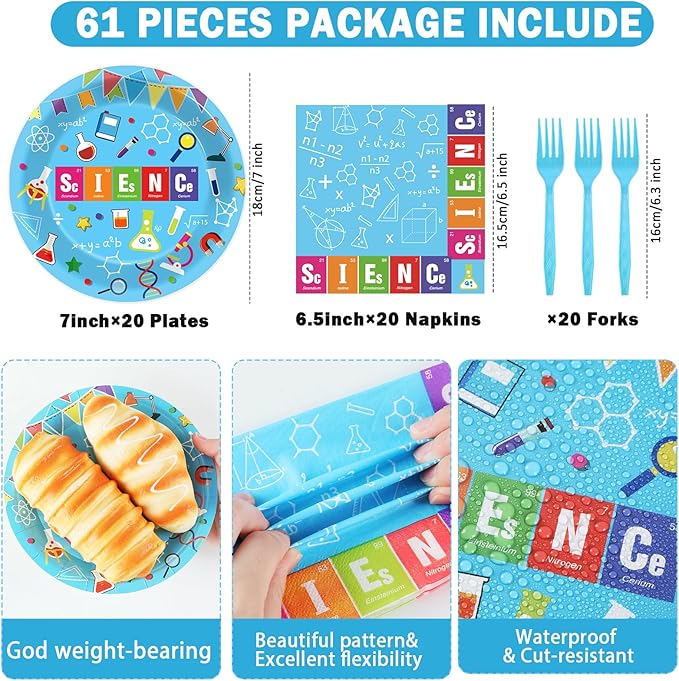 chiazllta Science Party Supplies Tableware Set for 20 Guests Little Scientist Party Birthday Plates Laboratory Decorations Includes 7inch Plates, Napkins, Tablecloth Favor