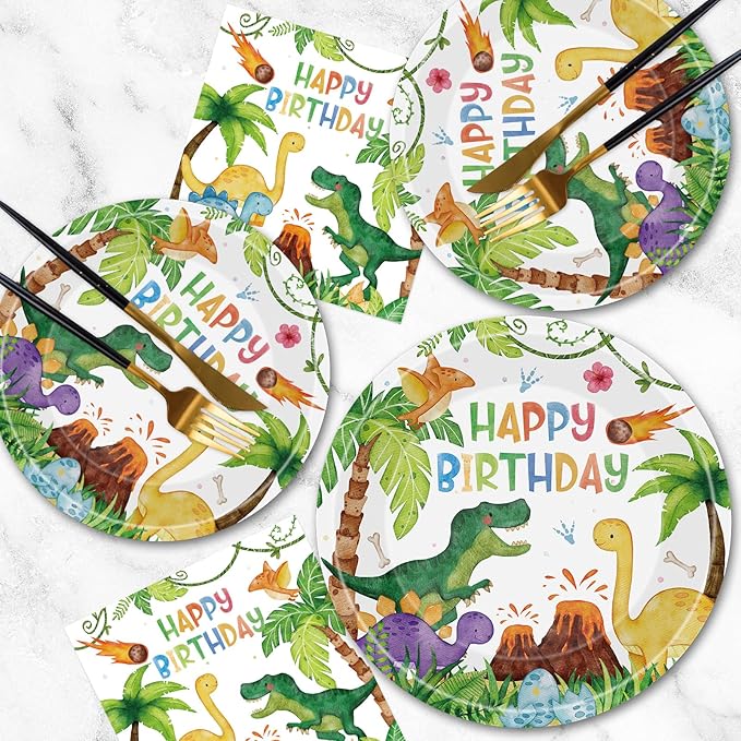 40 Pcs Dinosaur Plates and Napkins Sets - Happy Birthday Dino Party Supplies Tableware, Watercolor Disposable Paper Plates Napkins Kit for Dinosaur Birthday Party Decorations Table Decor, Serves 20