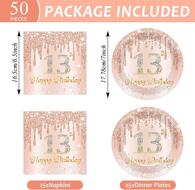 50Pcs Rose Gold 13th Birthday Party Plates and Napkins Girls Rose Gold 13th Birthday Party Decorations Happy 13th Birthday Party Tableware Set Serves 25 Guest Pink Girls 13th Birthday Party Supplies