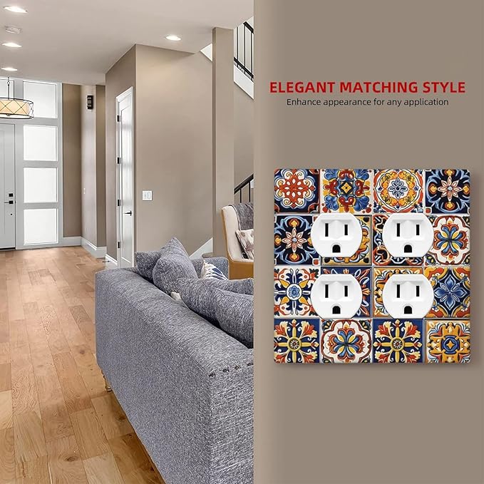 Mexican Talavera Tiles Flower Vintage Outlet Covers 2 Gang Double Duplex Decorative Light Switch Covers Electrical Wallplates Socket Faceplate for Kitchen Bathroom Decor