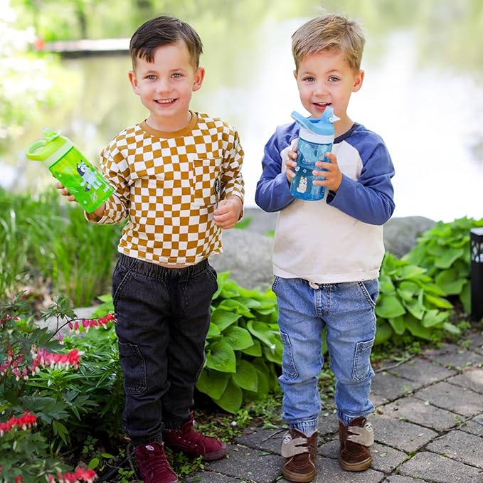 Zak Designs Bluey Atlantic Kids Water Bottle For School or Travel, 16oz Durable Plastic Water Bottle With Straw, Handle, and Leak-Proof, Pop-Up Spout Cover, 2-Pack (Bluey, Bingo)