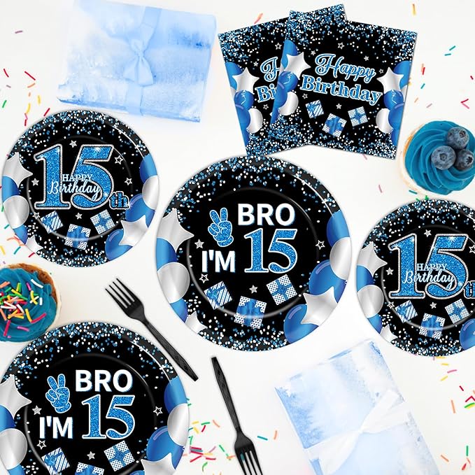 100 Pcs 15th Birthday Decorations for Teen Boys Blue and Black 15th Plate Napkin Forks Set Disposable Teen 15 Year Old Birthday Tableware Dinnerware for I’m 15 Bro Party Supplies Favors Serve 25