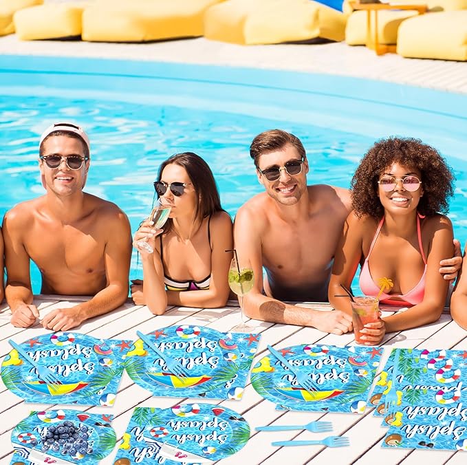 Splish Splash 96Pcs Bash Tableware Set - Pool Party Plates, Napkins, Dessert Plates for 24 Guests - Summer Beach Hawaiian Birthday Party Favors & Decorations