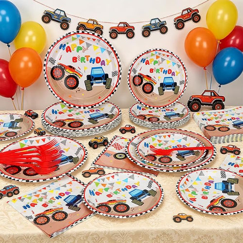 100 Pcs Monster Truck Party Plates and Napkins Set – Disposable Monster Theme Plates,Napkins,and Forks for Boys Birthday Parties and Truck-Themed Celebrations – Serves 25
