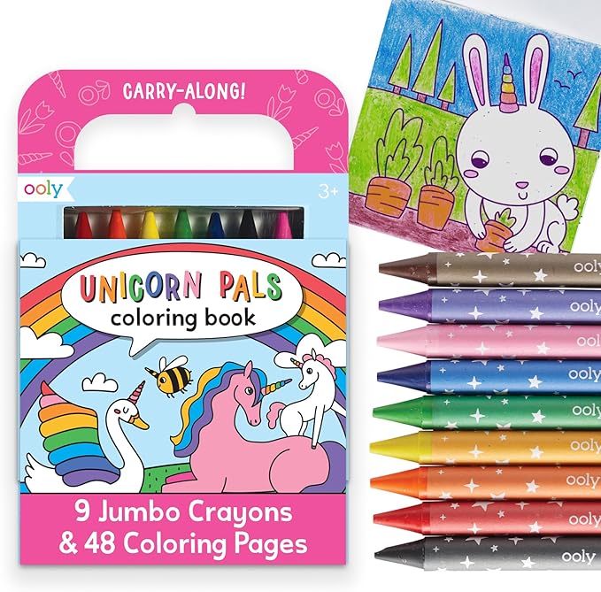 Ooly Travel Art Kit with 9 Jumbo Crayons & 48 Themed Coloring Pages & Case for Easy Traveling Art Creation, Perfect Airplane & Road Trip Activities for Kids - Unicorn Pals