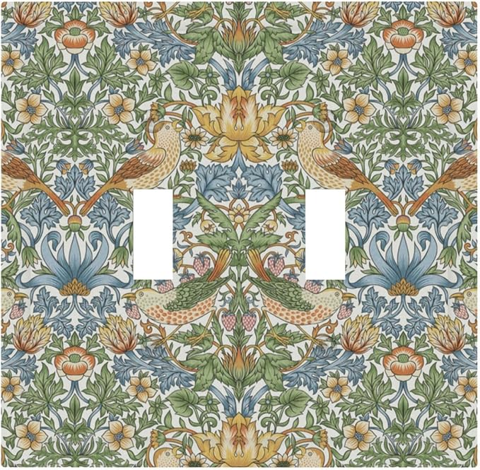 William Morris Strawberry Thrush Birds 2 Gang Light Switch Cover Double Toggle Wall Plate Vintage Floral Flowers Plant Electrical Switchplate Covers for Country Bedroom Home Décor