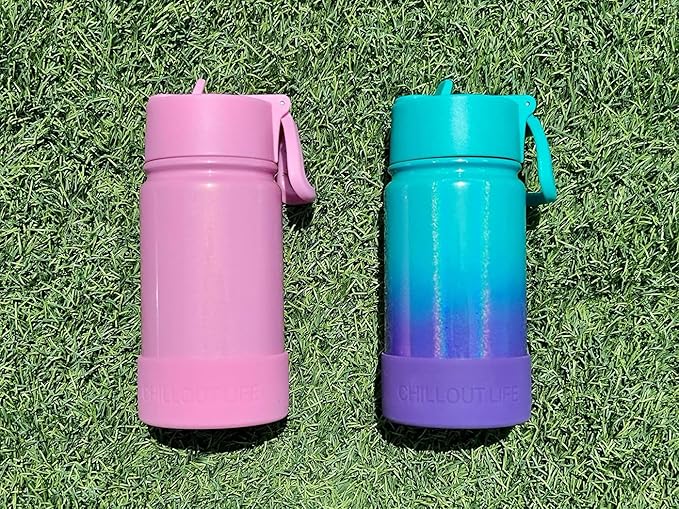 CHILLOUT LIFE 12 oz Kids Insulated Water Bottle for School with Straw Lid Leakproof and Cute Waterproof Stickers, Personalized Stainless Steel Thermos Flask Metal Water Bottle, Pink Sparkle