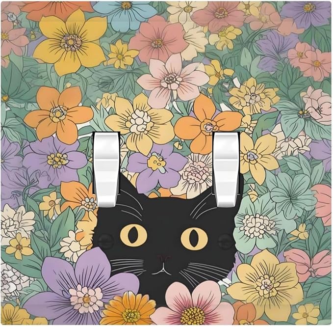 Decorative Switch Plates Funny Cute Cartoon Cat Floral Colorful Flower 2 Gang Double Toggle Outlet Light Switch Cover Wall Plate Electrical Faceplate For Kids Room Nursery Decor