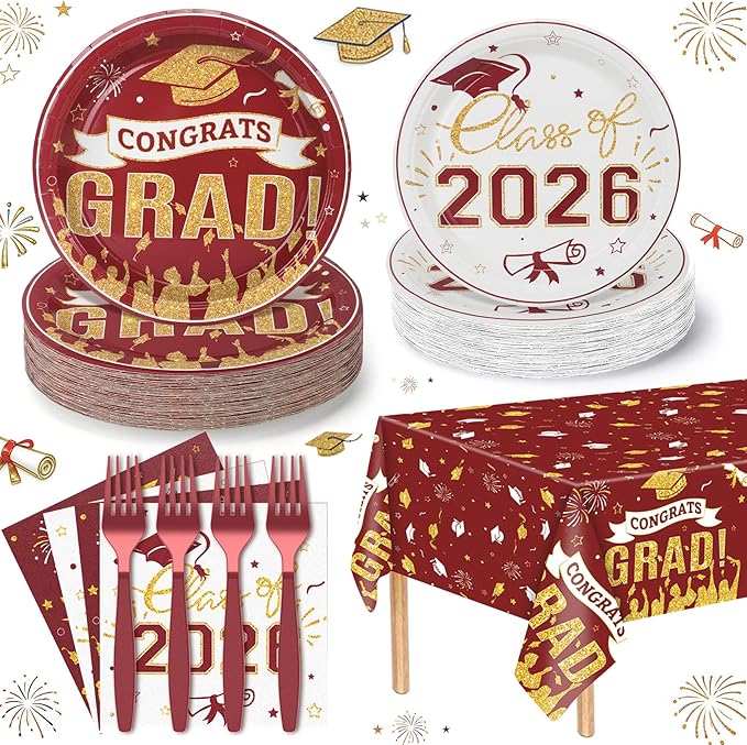 Graduation Plates and Napkins 2026,97Pcs Maroon Disposable Grad Plates Class of 2026 Dessert Plates Napkins,Tablecloth,Forks,Graduation Decorations for Congrats Grad Party,Serve 24