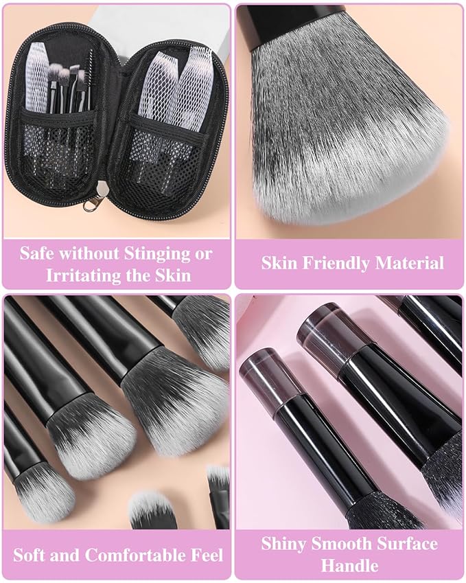 PGRODE Mini Travel Makeup Brushes Portable Set, 14 Pieces, Full Complete Function Cosmetic Kit with Brush Pouch, On the Go Short Makeup Brush Small Travel Essentials for Women, Girls (Black)