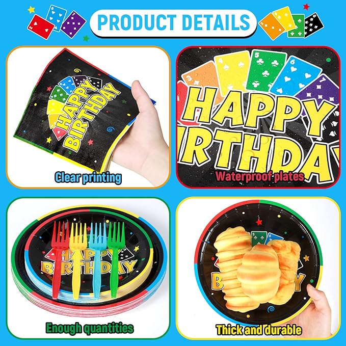 96Pcs Card Themed Birthday Party Plates and Napkins Card Game Decor Colorful Gaming Night Paper Disposable Dessert Cake Plates Gaming Themed Tableware Set for Adults Baby Shower Sleepover 24 Guests
