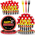 96 Pcs Mouse 1st Birthday Party Plates and Napkins Set Cartoon Mouse Party Decorations Red Black Yellow Paper Dessert Plates Polka Dot Tableware Set for Boys Girls 24 Guests