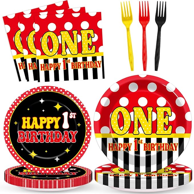 96 Pcs Mouse 1st Birthday Party Plates and Napkins Set Cartoon Mouse Party Decorations Red Black Yellow Paper Dessert Plates Polka Dot Tableware Set for Boys Girls 24 Guests